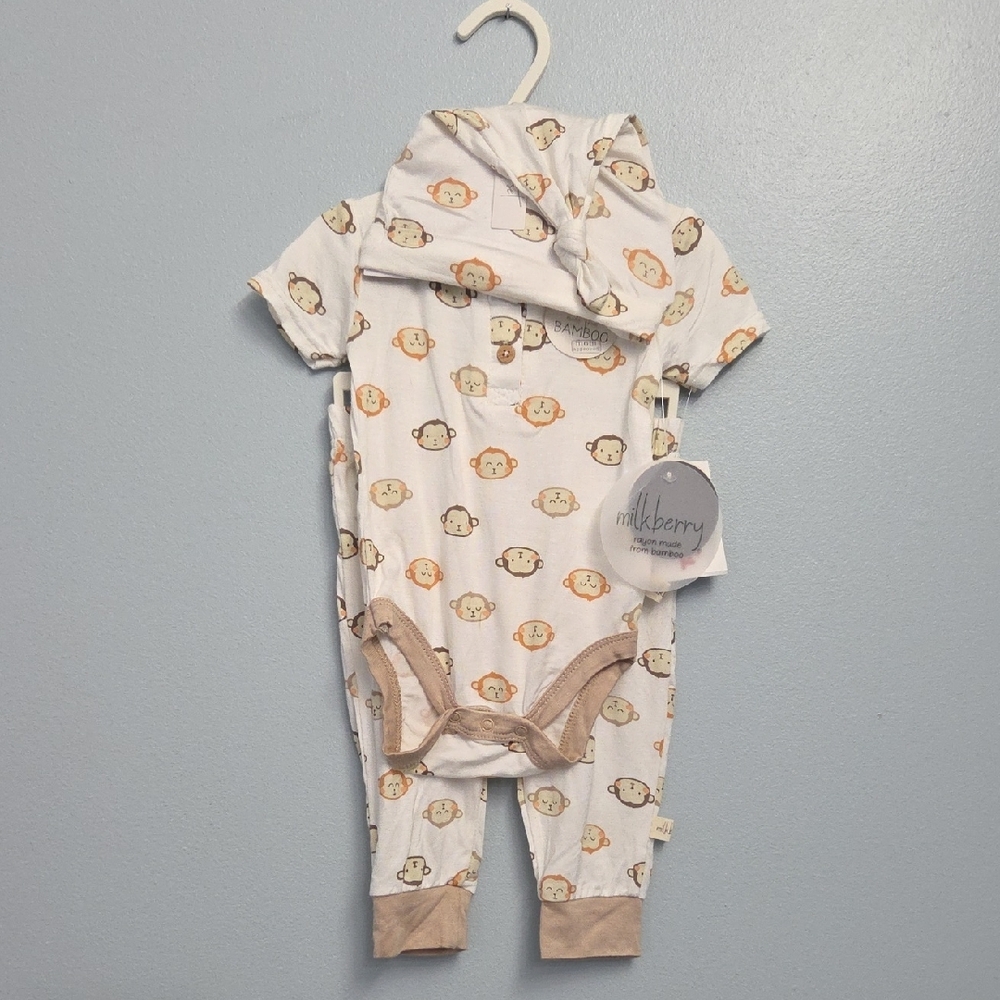Kids Monkey Print Matching Set - Cream and Brown
